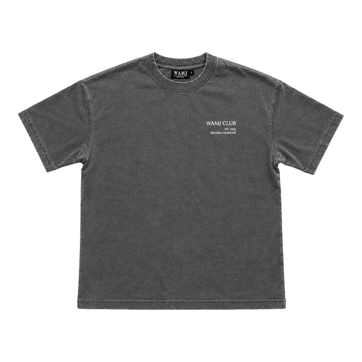 No Risk No Win Tee by WAMJ, washed charcoal tee, front view with WAMJ Club chest print