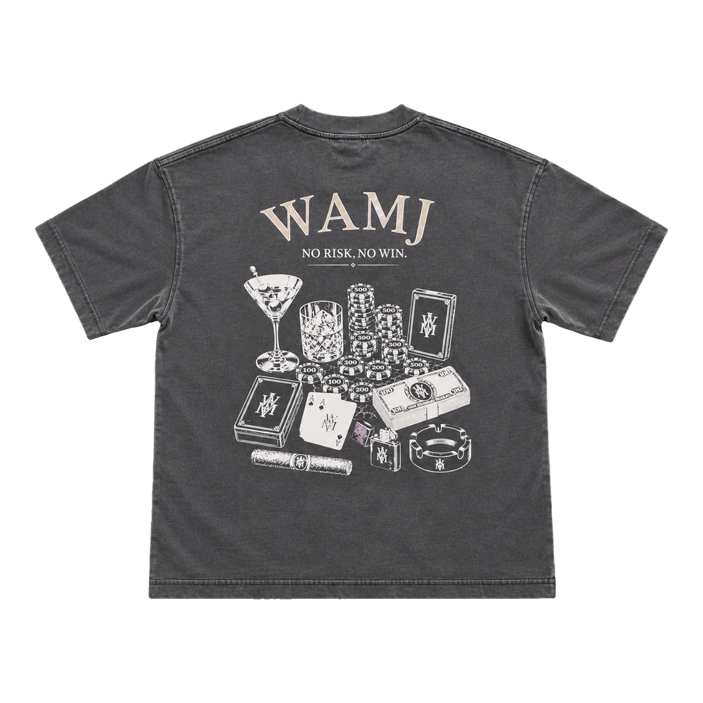 No Risk No Win Tee by WAMJ, washed charcoal tee, back view with No Risk, No Win graphic