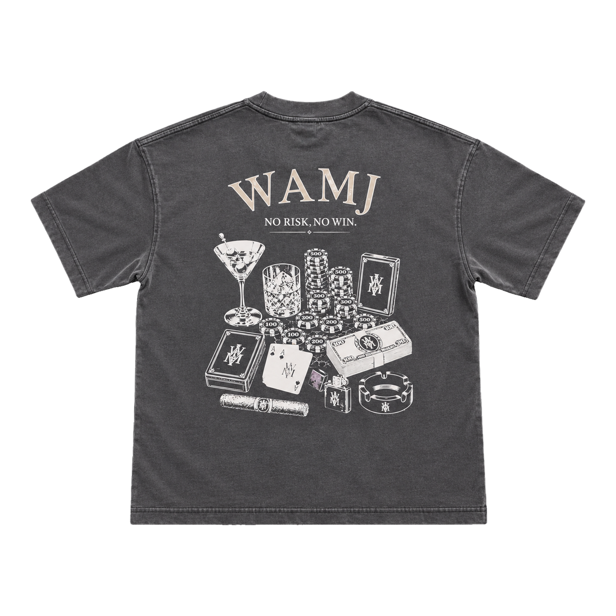 No Risk No Win Tee by WAMJ, washed charcoal tee, back view with No Risk, No Win graphic