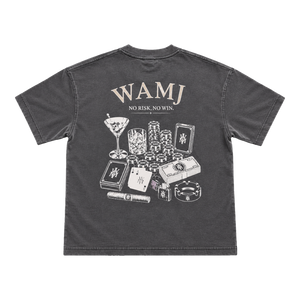 No Risk No Win Tee by WAMJ, washed charcoal tee, back view with No Risk, No Win graphic