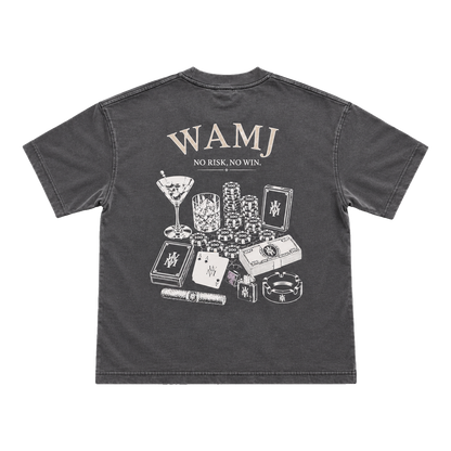 No Risk No Win Tee by WAMJ, washed charcoal tee, back view with No Risk, No Win graphic