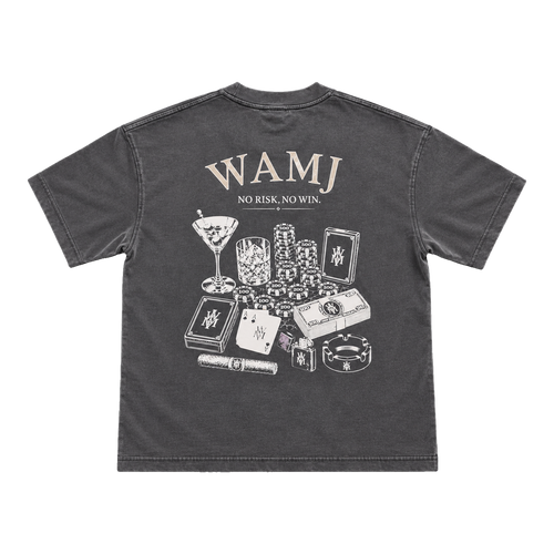 No Risk No Win Tee by WAMJ, washed charcoal tee, back view with No Risk, No Win graphic