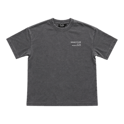No Risk No Win Tee by WAMJ, washed charcoal tee, front view with WAMJ Club chest print