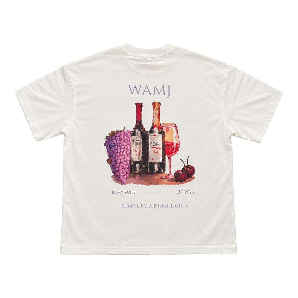 Vintage Cellar Tee by WAMJ, vintage white tee, back view with wine and grapes graphic