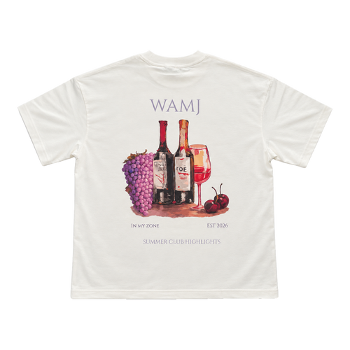 Vintage Cellar Tee by WAMJ, vintage white tee, back view with wine and grapes graphic